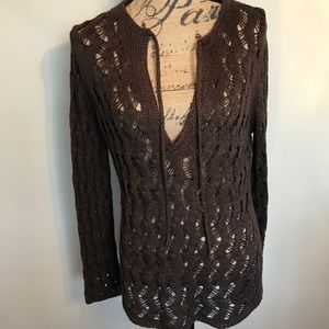 LOFT Lovely woven chocolate sweater w/tie trim